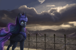Size: 4230x2770 | Tagged: safe, artist:majorlaughmaster, princess luna, alicorn, pony, g4, balcony, cloud, crepuscular rays, female, high res, looking back, mountain, mountain range, scenery, solo