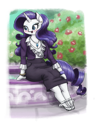 Size: 1028x1333 | Tagged: safe, artist:king-kakapo, rarity, anthro, unguligrade anthro, g4, arm hooves, blushing, bracelet, cleavage, clothes, cute, ear piercing, earring, female, flower, high heels, jewelry, looking at something, necklace, piercing, shoes, sitting, skirt, smiling, solo, unshorn fetlocks
