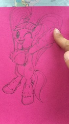 Size: 3724x2096 | Tagged: safe, artist:littlenaughtypony, pacific glow, g4, finger, high res, leg warmers, one eye closed, pacifier, pencil drawing, smiling, traditional art, wink