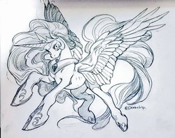 Size: 1024x810 | Tagged: safe, artist:deerchip, princess celestia, alicorn, pony, g4, female, grayscale, looking at you, monochrome, pencil drawing, simple background, solo, traditional art, white background