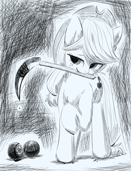 Size: 2300x3000 | Tagged: safe, artist:gamijack, applejack, earth pony, pony, g4, apple, female, food, grayscale, high res, monochrome, mouth hold, raised hoof, sickle, solo