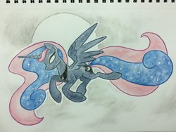 Size: 1024x772 | Tagged: safe, artist:grokostimpy, princess luna, pony, g4, female, flying, glowing eyes, moon, solo, traditional art