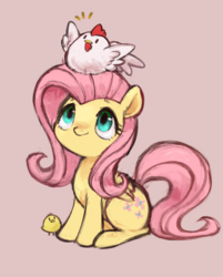 Size: 681x849 | Tagged: safe, artist:kei05, fluttershy, chicken, pegasus, pony, g4, chick, female, folded wings, looking up, pink background, simple background, sitting, solo