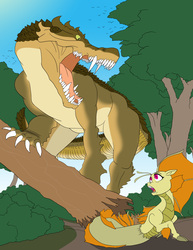 Size: 3864x5000 | Tagged: safe, artist:feroxultrus, adagio dazzle, bird, crocodile, siren, g4, absurd resolution, angry, chase, escape, foal, forest, kaprosuchus, monster, tree