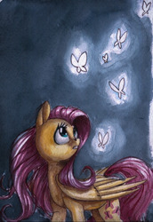 Size: 540x787 | Tagged: safe, artist:theorderofalisikus, fluttershy, butterfly, pony, g4, female, folded wings, gritted teeth, looking at something, looking back, looking up, solo, traditional art