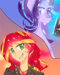 Size: 1200x1500 | Tagged: safe, artist:cheetospony, starlight glimmer, sunset shimmer, pony, equestria girls, g4, clothes, duo, glowing horn, horn, journal, journey book, magic, telekinesis