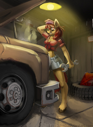Size: 730x1000 | Tagged: safe, artist:lexx2dot0, apple bloom, earth pony, anthro, unguligrade anthro, g4, breasts, busty apple bloom, car, clothes, female, garage, light, mechanic, midriff, older, older apple bloom, red hair, red tail, shorts, solo, unsure, vehicle, wrench