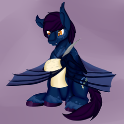 Size: 900x900 | Tagged: safe, artist:bevendre, oc, oc only, oc:midnight oil, bat pony, pony, bat pony oc, quill, solo, wing hands