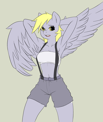 Size: 1872x2213 | Tagged: safe, artist:doxzz37, derpy hooves, anthro, g4, armpits, bandeau, belly button, clothes, female, looking at you, midriff, shorts, simple background, solo, spread wings, suspenders, tube top