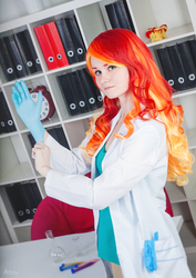 Size: 1130x1600 | Tagged: safe, artist:sunny-tooi, sunset shimmer, human, equestria girls, g4, clothes, cosplay, costume, gloves, irl, irl human, lab coat, latex gloves, photo, plushie, rubber gloves, solo, sunset the science gal