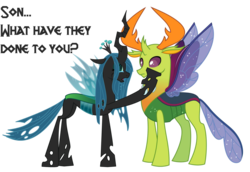 Size: 1280x880 | Tagged: safe, artist:sersys, queen chrysalis, thorax, changedling, changeling, changeling queen, g4, to where and back again, changeling drama, changeling king, crying, despair, dialogue, draco in leather pants, female, hoof on cheek, king thorax, male, mommy chrissy, mother and son, open mouth, out of character, raised hoof, sad, simple background, spread wings, teary eyes, transparent background
