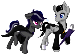 Size: 691x500 | Tagged: safe, artist:gummysky, oc, oc only, oc:fair weather, oc:ghost lightning, earth pony, pegasus, pony, clothes, colored pupils, commission, raised hoof, simple background, transparent background, umbrella