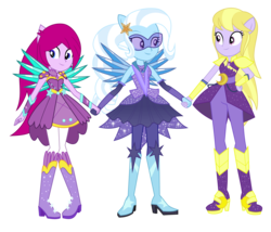 Size: 4850x4160 | Tagged: dead source, safe, artist:limedazzle, artist:pink1ejack, fuchsia blush, lavender lace, trixie, equestria girls, g4, my little pony equestria girls: legend of everfree, absurd resolution, alternate universe, boots, clothes, clothes swap, crescent moon, crystal guardian, crystal wings, female, glasses, high heel boots, holding hands, legs, moon, pants, show accurate, simple background, smiling, sparkles, transparent background, trio, trixie and the illusions, vector, wings