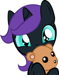Size: 1824x2319 | Tagged: artist needed, safe, oc, oc only, oc:nyx, alicorn, pony, alicorn oc, cute, holding, hug, looking at you, nyxabetes, simple background, solo, teddy bear, transparent background