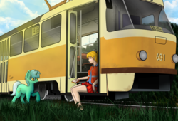 Size: 2940x2000 | Tagged: safe, artist:sharimapic, artist:subway777, lyra heartstrings, oc, oc:tatra, human, g4, clothes, cute, ekaterinburg, grass, high res, humanized, legs, lens flare, miniskirt, mountain dew, pleated skirt, ponytail, sandvich, shirt, skirt, surprised, tatra t3, train, tram