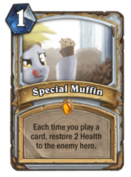 Size: 400x543 | Tagged: safe, artist:cannibalus, derpy hooves, pegasus, pony, g4, card, collectible card game, crossover, female, food, hearthstone, legendary, muffin, muffin queen, priest, solo, trading card, trading card game, warcraft