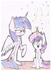 Size: 1024x1408 | Tagged: safe, artist:feathershine1, sweetie belle, twilight sparkle, alicorn, pony, g4, magic, raised hoof, sitting, sweetie belle's magic brings a great big smile, traditional art, twilight sparkle (alicorn)