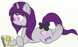 Size: 1112x680 | Tagged: safe, artist:leapingriver, oc, oc only, oc:wicked silly, pony, unicorn, book, bow, choker, crossed hooves, crossed legs, ear fluff, ear piercing, earring, female, frog (hoof), jewelry, lying down, no pupils, piercing, prone, reading, simple background, smiling, solo, tail bow, underhoof, white background