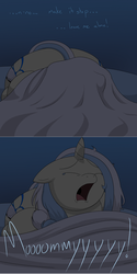 Size: 1000x2004 | Tagged: safe, artist:lesang, oc, oc only, oc:belle bottom, pony, unicorn, bad dream, bed, chubby, crying, dark, eyes closed, fat, female, filly, hiding, in bed, messy mane, night, nightmare, scared, sheet, solo