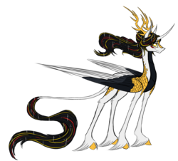 Size: 2327x2101 | Tagged: safe, artist:australian-senior, oc, oc only, oc:niomedes invictus, alicorn, kirin, pony, kirindos, alternate universe, antlers, colored hooves, colored sclera, crossover, curved horn, glados, golden eyes, high res, horn, leonine tail, portal, portal (valve), portal 2, rough sketch, scales, simple background, solo, transparent background, unshorn fetlocks