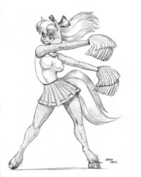 Size: 1100x1376 | Tagged: safe, artist:baron engel, cheerilee, earth pony, anthro, unguligrade anthro, g4, armpits, beautiful, breasts, busty cheerilee, cheerileeder, cheerleader, cheerleader outfit, clothes, curvy, female, grayscale, hourglass figure, legs, miniskirt, monochrome, pencil drawing, pleated skirt, pom pom, skirt, solo, traditional art, unshorn fetlocks