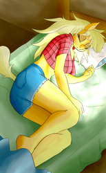 Size: 4000x6500 | Tagged: safe, artist:huckser, edit, applejack, earth pony, anthro, g4, absurd resolution, alternate hairstyle, bed, blanket, clothes, daisy dukes, female, loose hair, mare, midriff, on side, shorts, sleeping, solo