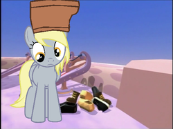 Size: 565x423 | Tagged: safe, derpy hooves, pegasus, pony, g4, clothes, female, mare, parody, shoes, solo, veggietales