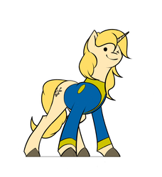 Size: 2784x3058 | Tagged: safe, artist:rublegun, pony, unicorn, fallout equestria, blonde, clothes, crossover, fallout, female, high res, mare, one eye closed, ponified, simple background, solo, white background, wink