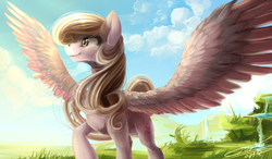 Size: 1200x700 | Tagged: safe, artist:yummiestseven65, oc, oc only, pegasus, pony, cloud, female, gift art, large wings, looking at something, mare, raised hoof, sky, smiling, solo, spread wings, wings