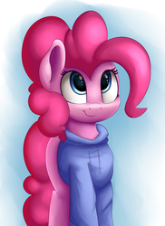 Size: 1459x2000 | Tagged: safe, artist:vanillaghosties, pinkie pie, earth pony, pony, g4, clothes, cute, diapinkes, female, gradient background, hoodie, smiling, solo