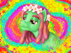 Size: 1740x1300 | Tagged: safe, artist:testostepone, tree hugger, pony, g4, bust, dude weed lmao, female, implied drug use, painting, portrait, solo, trippy