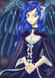 Size: 5906x8268 | Tagged: safe, artist:megumi-arakaki, princess luna, human, g4, absurd resolution, cape, clothes, dress, female, humanized, signature, solo, winged humanization, wings