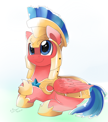 Size: 2030x2286 | Tagged: safe, artist:pridark, oc, oc only, pegasus, pony, armor, commission, crossed hooves, cute, gradient background, high res, male, royal guard, signature, smiling, solo