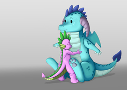 Size: 1403x992 | Tagged: safe, artist:exelzior, princess ember, spike, dragon, g4, dragoness, eyes closed, female, gradient background, hug, male, plushie, ship:emberspike, shipping, sitting, size difference, smiling, solo, spread wings, straight