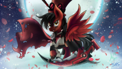 Size: 1024x576 | Tagged: safe, artist:animechristy, oc, oc only, oc:toonkriticy2k, pony, clothes, commission, cosplay, costume, crossover, goggles, moon, red and black oc, rooster teeth, ruby rose, rwby, scythe, snow, snowflake, solo