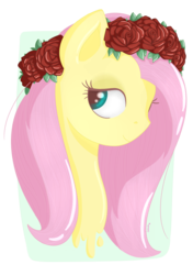 Size: 1934x2744 | Tagged: safe, artist:lemanda, fluttershy, pony, g4, bust, female, floral head wreath, flower, looking at you, looking sideways, portrait, rose, solo