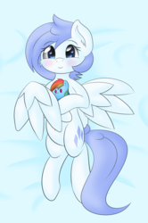 Size: 1277x1920 | Tagged: safe, artist:icy wings, rainbow dash, oc, oc only, oc:frigid drift, pegasus, pony, belly button, blushing, body pillow, body pillow design, cheek fluff, flying, looking at you, on back, plushie, smiling, solo, spread wings