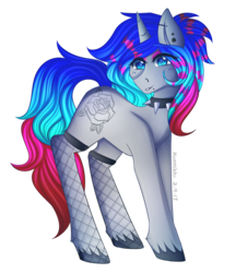 Size: 2466x2729 | Tagged: safe, artist:kurochhi, oc, oc only, oc:neon wave, pony, unicorn, art trade, choker, ear piercing, female, fishnet stockings, high res, mare, multicolored hair, nose piercing, nose ring, piercing, simple background, solo, spiked choker, transparent background