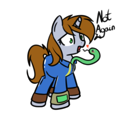 Size: 828x776 | Tagged: safe, artist:neuro, oc, oc only, oc:littlepip, pony, snake, unicorn, fallout equestria, clothes, danger noodle, dialogue, fallout, female, heart, jumpsuit, mare, no pupils, notice me senpai, pipbuck, simple background, solo, tongue out, transparent background, vault suit