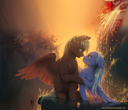 Size: 811x700 | Tagged: safe, artist:katputze, edit, cloudchaser, oc, oc:neostrike, pegasus, pony, g4, canon x oc, couple, female, looking at each other, male, mare, neochaser, parody, saw, shipping, sitting, smiling, stallion, straight, water, wet mane