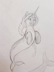 Size: 756x1008 | Tagged: safe, artist:askbubblelee, oc, oc only, merpony, narwhal, braid, cute, female, mare, pencil drawing, simple background, sketch, smiling, solo, traditional art