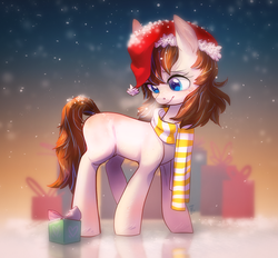 Size: 1726x1600 | Tagged: safe, artist:locksto, oc, oc only, oc:breezy, earth pony, pony, clothes, female, hat, mare, scarf, snow, snowfall, solo