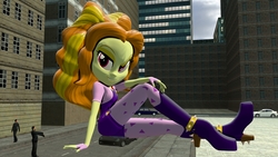Size: 3020x1698 | Tagged: safe, artist:scalelover, adagio dazzle, human, equestria girls, g4, 3d, boots, car, city, clothes, destruction, female, fingerless gloves, giantess, gloves, high heel boots, macro, people, sitting, solo, source filmmaker, spikes