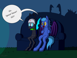 Size: 4000x3000 | Tagged: safe, artist:derpanater, oc, oc only, oc:bowtie, oc:midnight sentry, bat pony, changeling, pony, bowtie, carpet, changeling oc, cheering, clothes, commission, couch, digital art, helmet, high res, nerds!, shadow, simple background, sitting, smiling, speech bubble, speed racer, tv glow