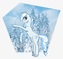 Size: 1627x1514 | Tagged: safe, artist:lunebat, oc, oc only, oc:frosty, pony, unicorn, female, glasses, heart eyes, mare, rearing, snow, solo, tree, wingding eyes, winter