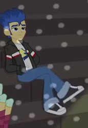 Size: 303x440 | Tagged: safe, screencap, flash sentry, lyra heartstrings, equestria girls, g4, my little pony equestria girls: friendship games, bleachers, boots, clothes, crossed legs, hand in pocket, jacket, legs, pants, shoes, sitting, smiling, sneakers, socks