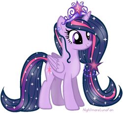 Size: 730x671 | Tagged: safe, artist:nightmarelunafan, twilight sparkle, alicorn, pony, g4, alternate hairstyle, crown, female, horn, jewelry, mare, regalia, simple background, smiling, solo, spread wings, twilight sparkle (alicorn), vector, white background, wings