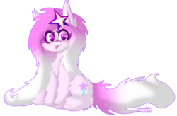 Size: 1024x671 | Tagged: safe, artist:vanillaswirl6, oc, oc only, oc:stardust, earth pony, pony, :p, blushing, cheek fluff, chest fluff, chibi, commission, cute, ear fluff, fluffy, long mane, looking at you, pastel, photoshop, pink, shading, simple background, sitting, smiling, solo, sparkles, sparkly, tongue out, transparent background