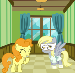 Size: 973x947 | Tagged: safe, artist:jayk180, carrot top, derpy hooves, golden harvest, earth pony, pegasus, pony, g4, where the apple lies, bandage, duo, female, filly, filly carrot top, filly derpy, filly derpy hooves, friendship, giggling, hospital gown, shipping fuel, smiling, teenage derpy hooves, vector, younger