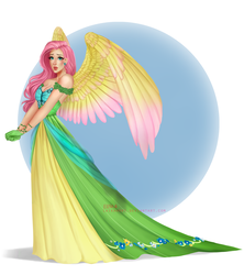 Size: 2400x2700 | Tagged: safe, artist:laikahart, fluttershy, human, g4, clothes, colored wings, colored wingtips, dress, ear piercing, earring, female, gala dress, gown, high res, humanized, jewelry, piercing, princess costume, solo, winged humanization, wings